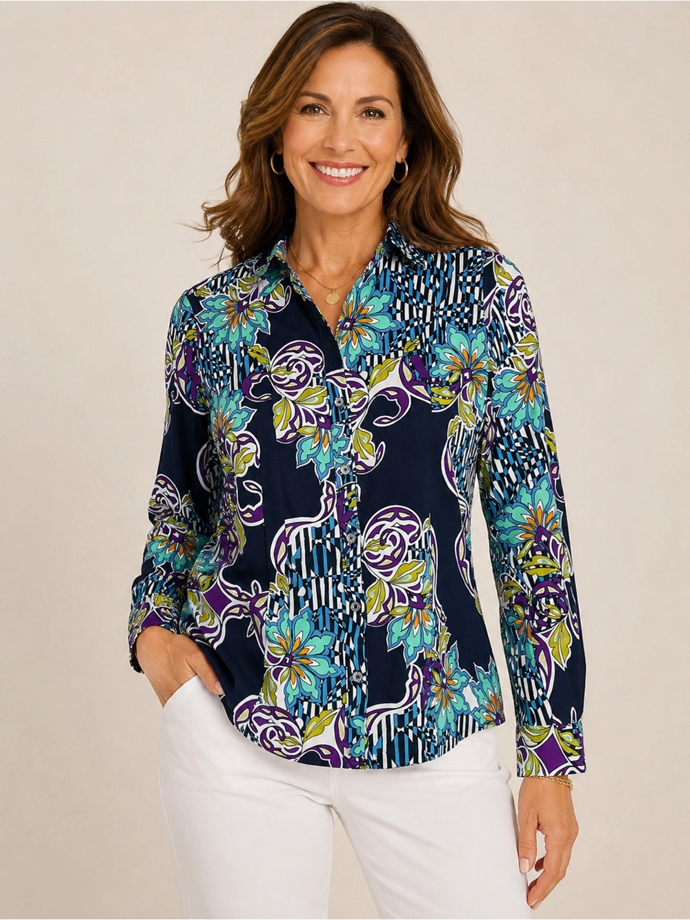 Chico’s No Iron Floral Geometric Button Front Shirt Women’s Size 1 Blue Purple